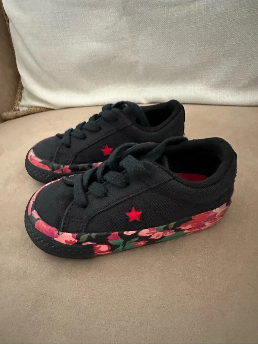 Converse Black Kids Sneakers with Pink Floral Trim